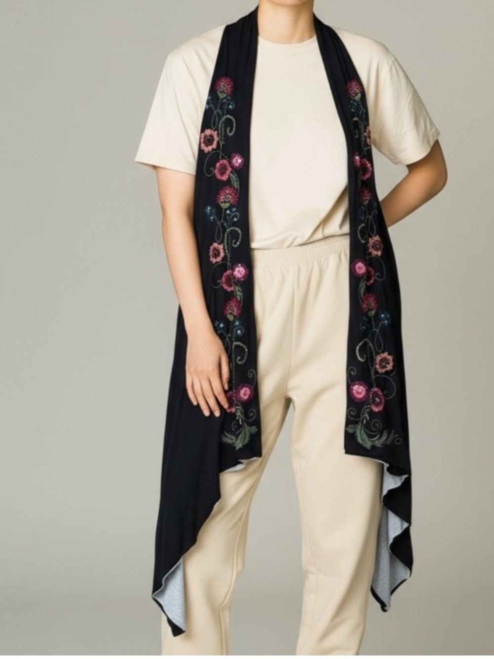 Caite Embroidered Black Floral Drape Scarf Vest